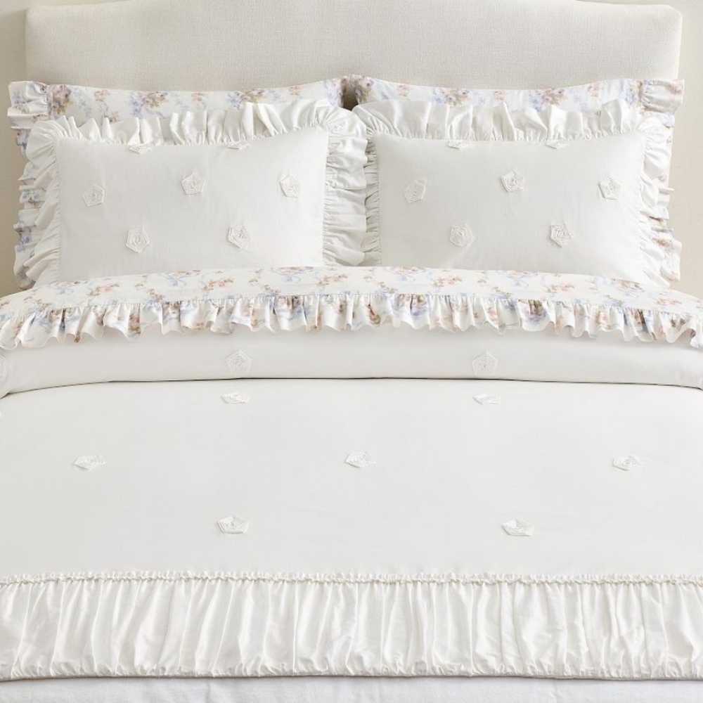 LoveShackFancy White Embellished Rosette Duvet Cover,King/Cal. King, Retail $329